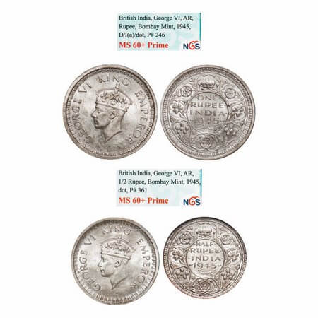 George VI, Half Silver, 1945, (2 slabs), Bombay Mint, 1) Rupee, D/II, Dot, Security edge,