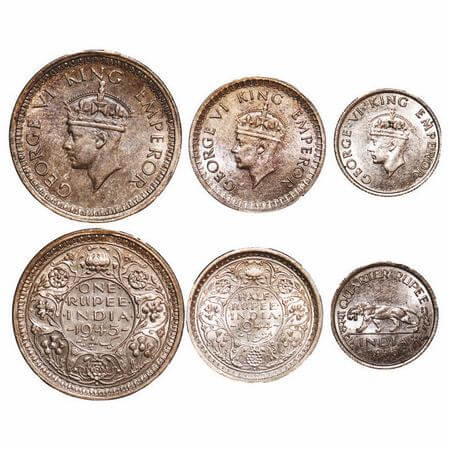 George VI, Mix-Metal, (3 coins), 1) Half Silver, 1945, Rupee, Bombay Mint, D/II, Dot, Secu