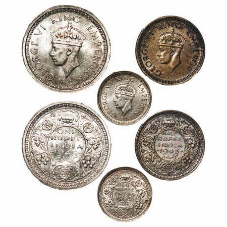 George VI, Mix-Metal, (3 coins), 1945, 1) Half Silver, Rupee, Bombay Mint, D/II, Dot, Secu