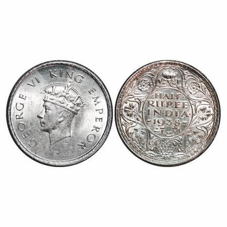 George VI, Silver, Half Rupee, 1938, Bombay Mint, A/I, Dot, Head Type I, Milled edge. F. P