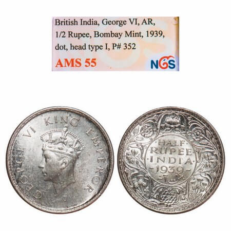 George VI, Silver, Half Rupee, 1939, Bombay Mint, A/I, Dot, Head Type I, Milled edge. F. P
