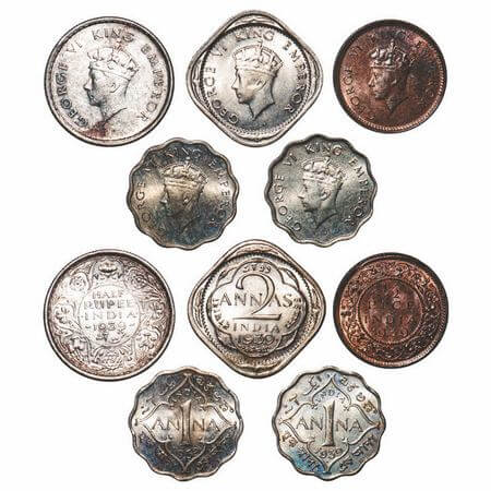 George VI, Mix-Metal, (lot of 5 coins), 1939, 1) Silver, Half Rupee, Bombay Mint, A/I, Dot
