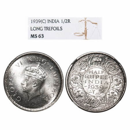 George VI, Silver, Half Rupee, 1939, Calcutta Mint, A/I, No dot, head Type I, Milled edge.