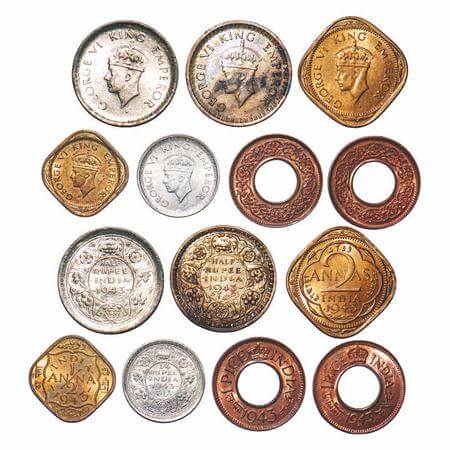 George VI, Mix-Metal, (lot of 7 coins), 1943, 1) Half Silver, Half Rupee, Bombay Mint, B/I