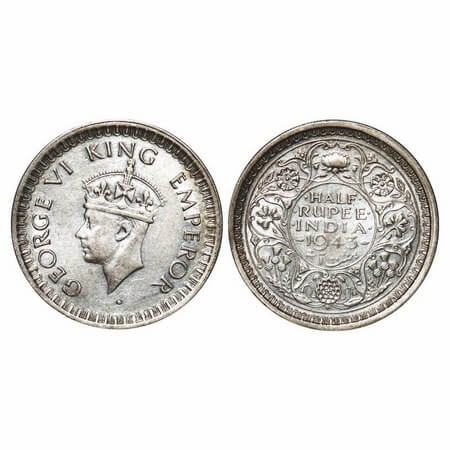 George VI, Half Silver, Half Rupee, 1943, Bombay Mint, B/III, Diamond, Head Type II, Secur