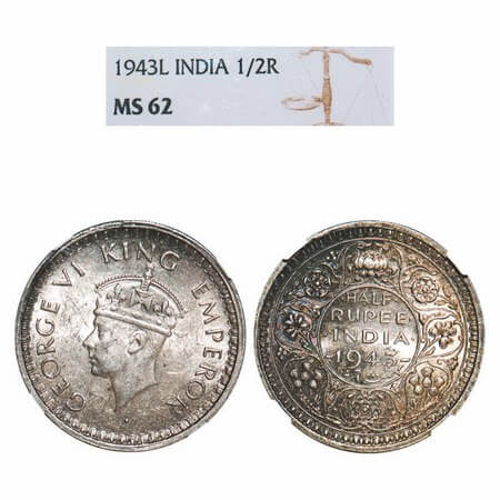George VI, Half Silver, Half Rupee, 1943, Lahore Mint, B/II, 'L' raised, Head Type II, Sec