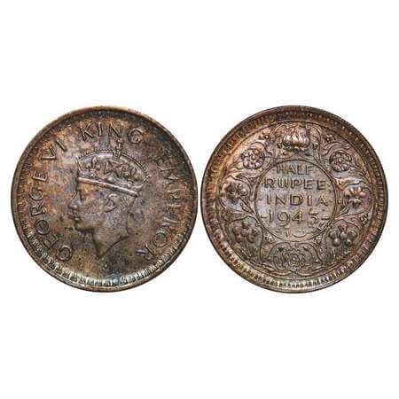 George VI, Half Silver, Half Rupee, 1943, Lahore Mint, B/II, 'L' raised, Head Type II, Sec