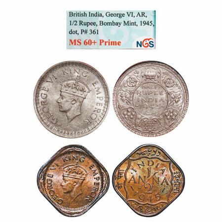 George VI, Mix-Metal, 1945, (1 slab, 1 coin), 1) Half Silver, Half Rupee, Bombay Mint, B/I