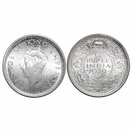 George VI, Silver, 1/4 Rupee, 1939, Calcutta Mint, Head Type I, Rev I, No dot, Milled edge