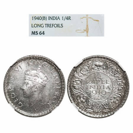 George VI, Half Silver, 1/4 Rupee, 1940, Bombay Mint, Head Type I, Rev I, Dot, Milled edge