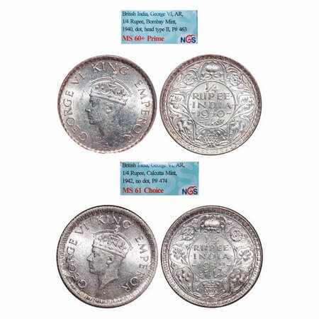 George VI, Half Silver, 1/4 Rupee, (2 slabs), 1) 1940, Bombay Mint, Head Type II, Rev I, D