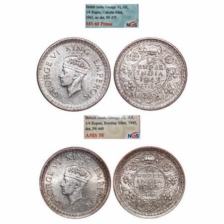 George VI, Half Silver, 1/4 Rupee, (2 slabs), 1) 1943, Calcutta Mint, Head Type II, Rev II