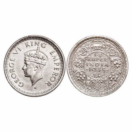George VI, Half Silver, 1/4 Rupee, 1945, Bombay Mint, Head Type II, Rev II, Dot, Security 