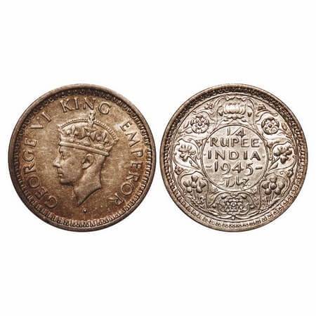 George VI, Half Silver, 1/4 Rupee, 1945, Bombay Mint, Head Type II, Rev II, Dot, Security