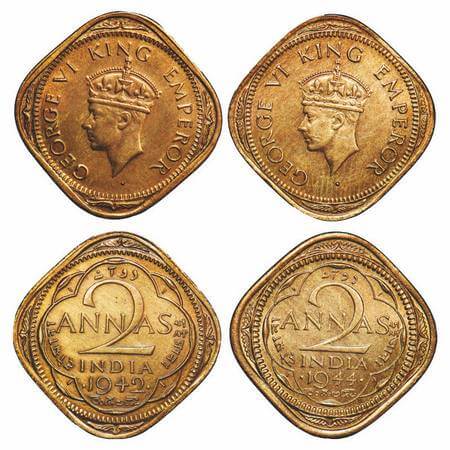 George VI, Brass-Nickel, 2 Annas, (2 coins), Bombay Mint, head Type II, Dots by year, 1) 1
