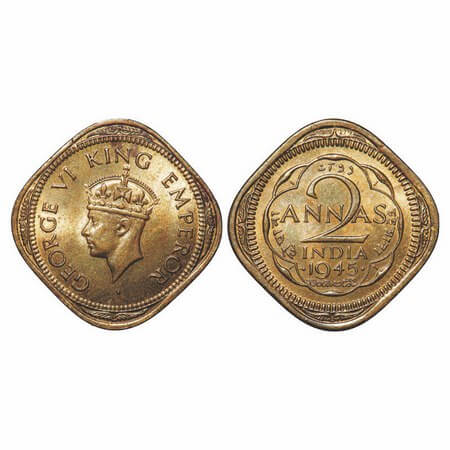 George VI, Brass-Nickel, 2 Annas, 1945, Bombay Mint, Dots by year, Head Type II, Tip of cr