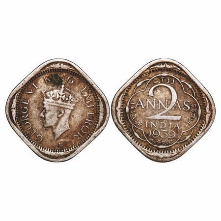 George VI, Copper-Nickel, 2 Annas, 1939, Bombay Mint, Head Type II, Dots by year. F. Prid 