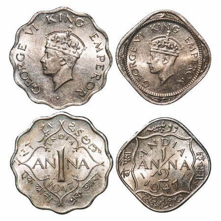 George VI, Copper-Nickel, (2 coins), 1947, 1) 1 Anna, Calcutta Mint, Head Type II, No dot,