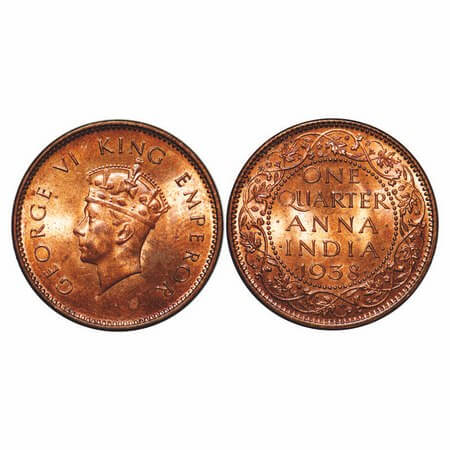 George VI, Bronze, Quarter Anna, 1938, Bombay Mint, Dot, Head Type I, Dots by 1, Small yea