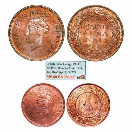 George VI, Bronze, (1 slab, 1 coin), 1) Quarter Anna, 1938, Calcutta Mint, No dot, Head Ty