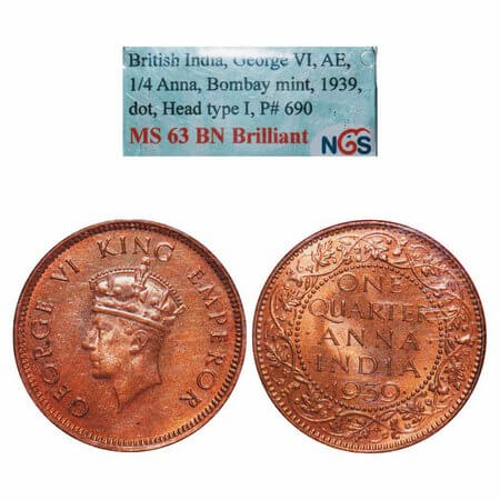 George VI, Bronze, Quarter Anna, 1939, Bombay Mint, Head Type I, Dot. F. Prid. 690. GK 142