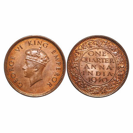 George VI, Bronze, Quarter Anna, 1940, Bombay Mint, Head Type II, Dot. F. Prid. 692. GK 14