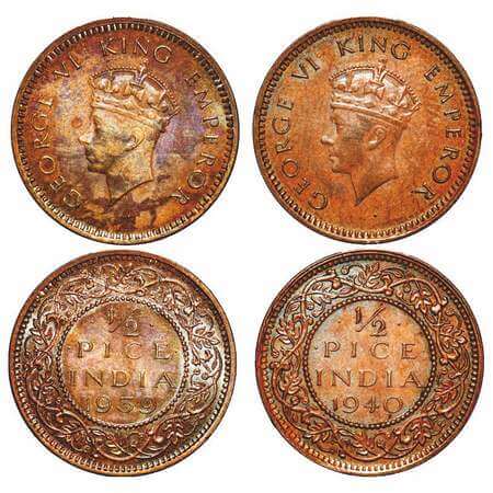 George VI, Bronze, 1/2 Pice, (2 coins), 1939, 1940, Calcutta mint, Head Type I, No dot. F.