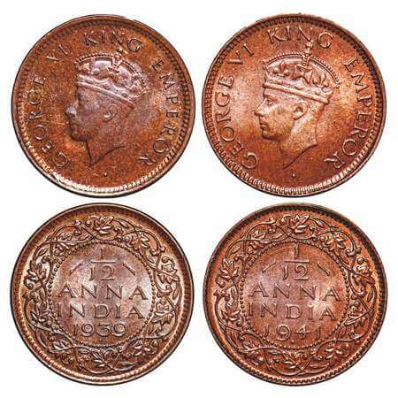 George VI, Bronze, 1/12 Anna, (2 coins), 1) 1939, Bombay Mint, Head Type I, Dot, Error, St