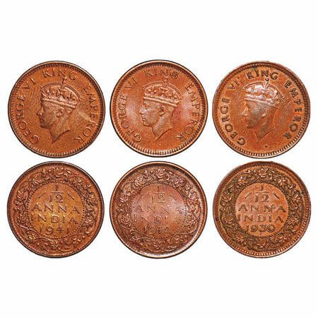 George VI, Bronze, 1/12 Anna, (3 coins), Bombay Mint, 1) 1939, Head Type I, Dot, 2) 1941,