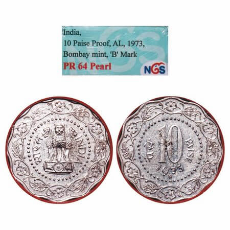 10 Paise, 1973, Aluminium, Proof, Bombay Mint. NGS graded PR 64 Pearl, Scarce.