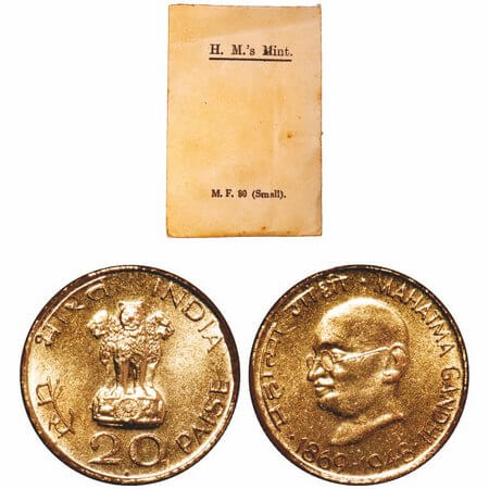 20 Paise, Nickel-Brass, 1969, Mahatma Gandhi, Bombay Mint, IN H.M.Mint paper cover. Uncirc