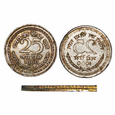25 Paise, 1960, Nickel, Bombay Mint, Error, Reverse Lakhi/Brockage. Very Fine. Extremely R