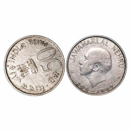 50 Paise, 1964, Nickel, Bombay Mint, Jawaharlal Nehru (English) obverse struck at 8 o'cloc