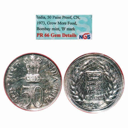 50 Paise, 1973, Copper-Nickel, Proof, Bombay Mint, Grow More Food. NGS graded PR 66 Gem De