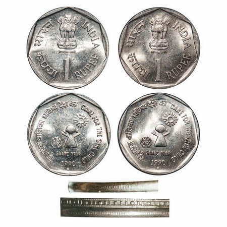1 Rupee, 1990, Copper-Nickel, (2 Coins), Bombay Mint, Care for the Girl Child, two differe