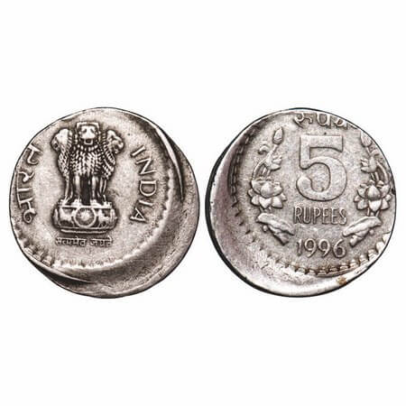 5 Rupees, 1996, Copper-Nickel, Kolkata Mint, die shift error. About very Fine, Scarce.
