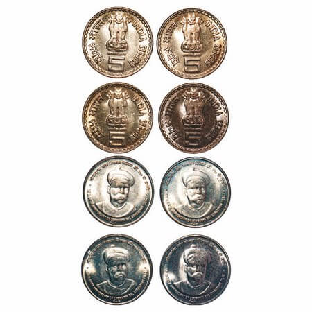 5 Rupees, 2007, Copper-Nickel, (4 Coins), Bombay Mint, 150th Anniversary of Lokmanya Bal G
