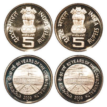 5 Rupees, 2009, Nickel-Brass, Proof, (2 Coins), 60 Years of the common wealth. Mumbai Mint