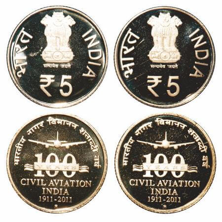 5 Rupees, 2011, Nickel-Brass, Proof (2 Coins), 100 Years of Civil Aviation. Mumbai Mint, '