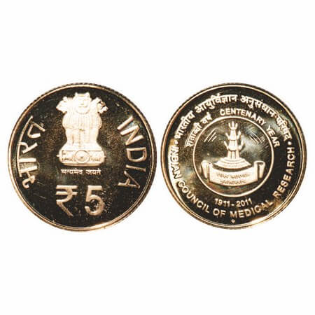 5 Rupees, 2011, Nickel-Brass, Proof, 100th Anniversary of Indian council of Medical Resear