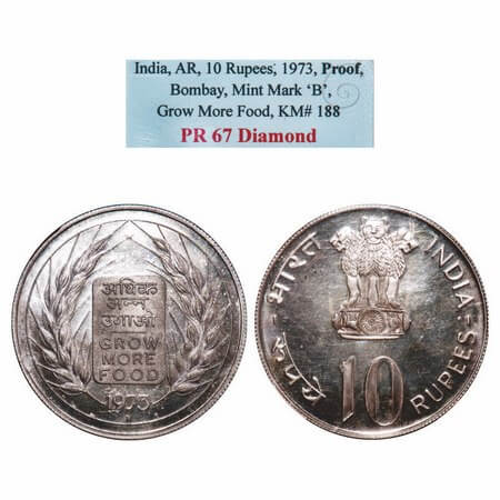 10 Rupees, 1973, Silver, Proof coin, Grow More Food, Bombay Mint. KM 188 type. NGS Graded 