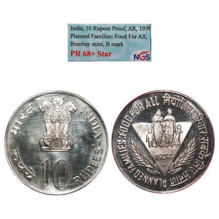 10 Rupees, 1974, Silver, Proof, Bombay Mint, Planned Families: Food For All. NGS graded PR