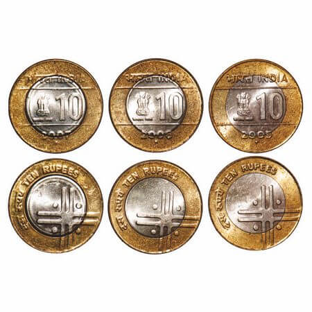 10 Rupees, 2005,2006,2007, Bimetal, (3 Coins), Bombay Mint. Uncirculated, Rare.