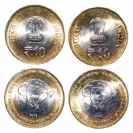 10 Rupees, 2015, Bimetal, (2 Coins), Bombay Mint, two different Thick and Thin Legends typ