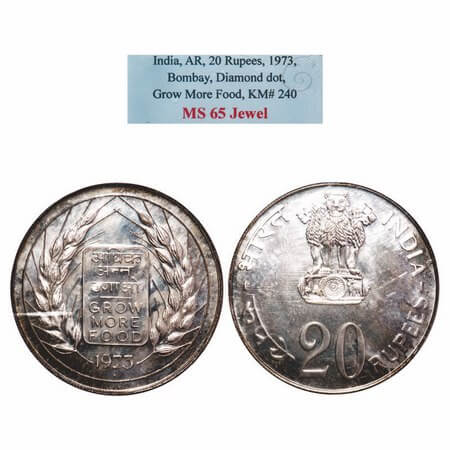 20 Rupees, 1973, Silver, Unc coin, Grow More Food, Bombay Mint. KM 240. NGS Graded MS 65 J