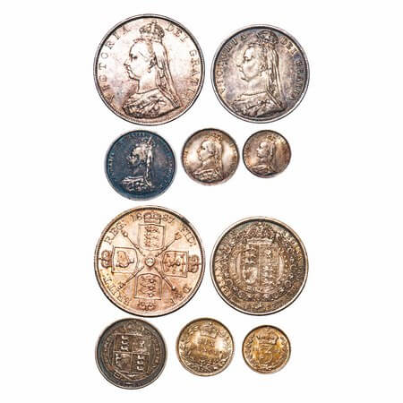 Great Britain, Silver, (5 Coins) Double Florin, 1/2 Crown, Shilling, 6 Pense, 3 Pence, 188