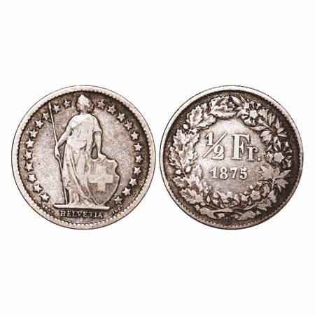 Switzerland, Silver 1/2 Franc (0.8350 Silver), 2.43g, 1875. KM 23, About Very Fine, Scarce