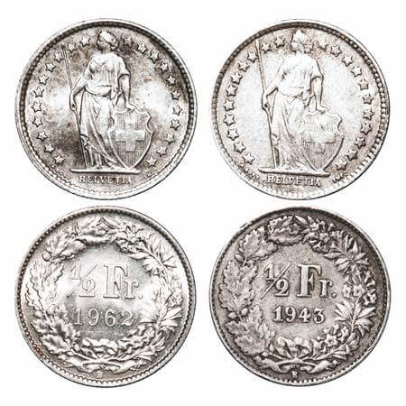Switzerland, Silver (2 Coins) (0.8350 silver), 1/2 Franc 1943 & 1962. KM 23. Very Fine to 