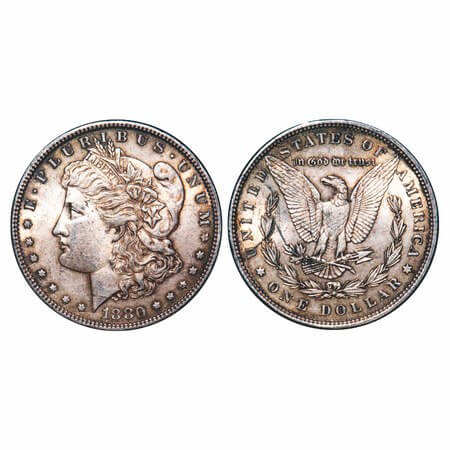 U.S.A., Silver Morgan Dollar (0.900 silver), 26.77g, 1880, Obv: Portrait of Liberty, E.FLU