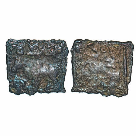 Ayodhya Region, Dhanadeva, Cast Copper Unit, 1.08g, 15.30x13.74mm, Obv: Bull facing to lef